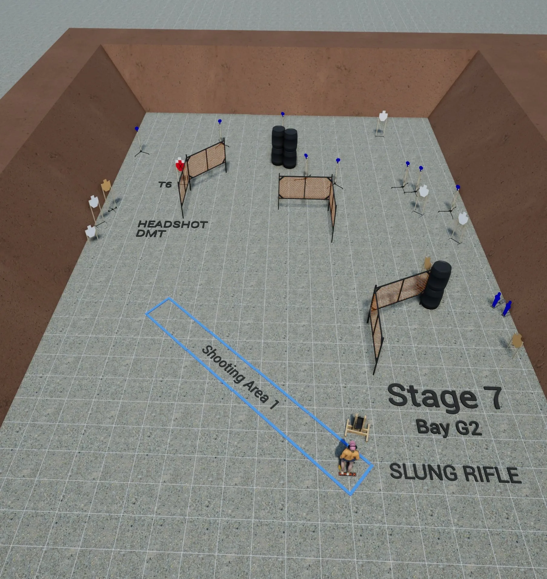 Practisim render of stage 7, SIX6 SEVEN7, bay G2 only. Marked: T6, HEADSHOT DMT, SLUNG RIFLE, Shooting Area 1.