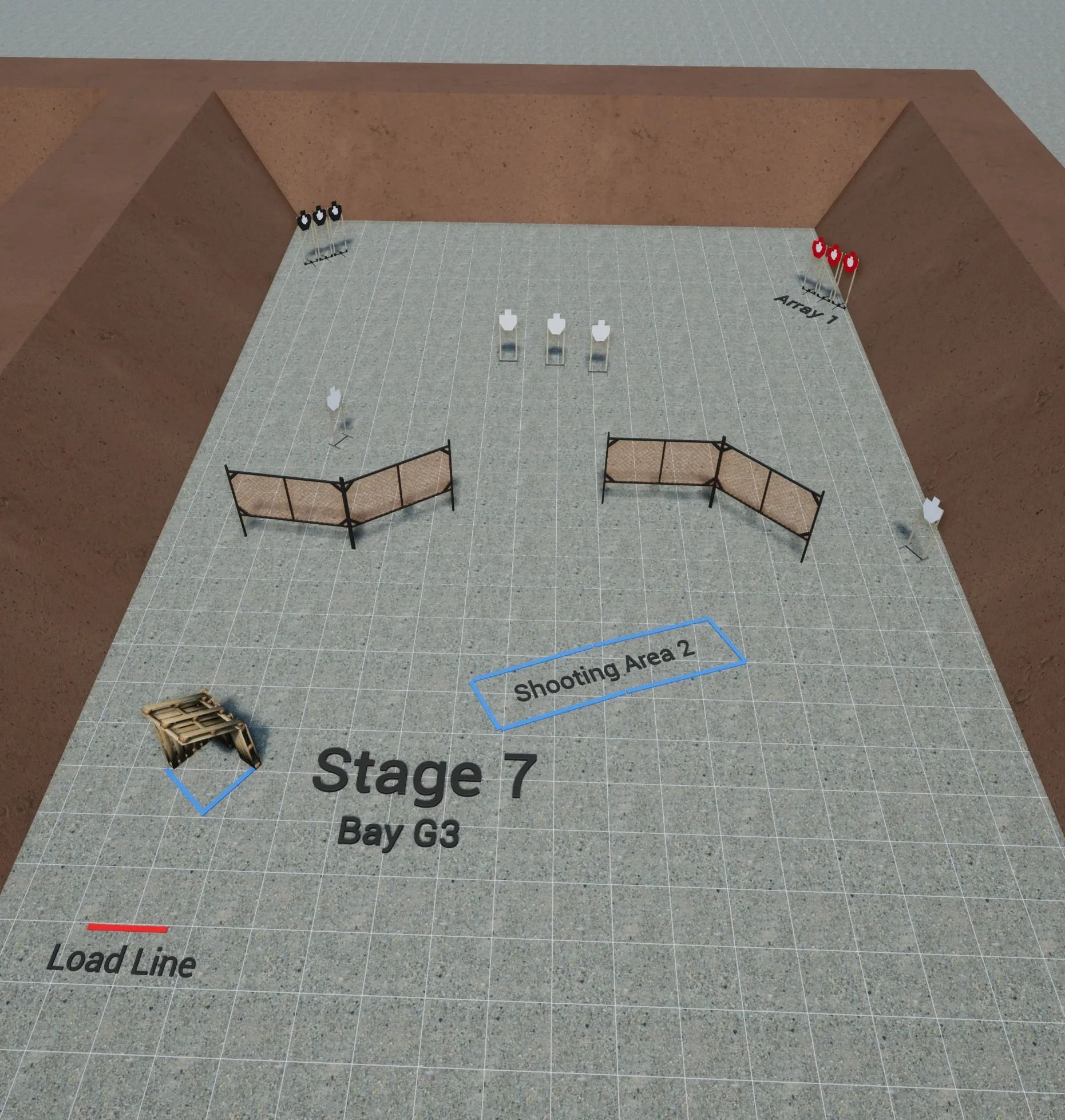 Practisim render of stage 7, SIX6 SEVEN7, bay G3 only. Marked: Array 1, Shooting Area 2, Load Line.