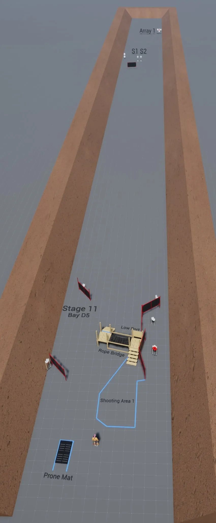 Practisim render of stage 11, Under The Bridge, in bay D5. Marked: Array 1, S1, S2, Low Port, Rope Bridge, Shooting Area 1, Prone Mat.