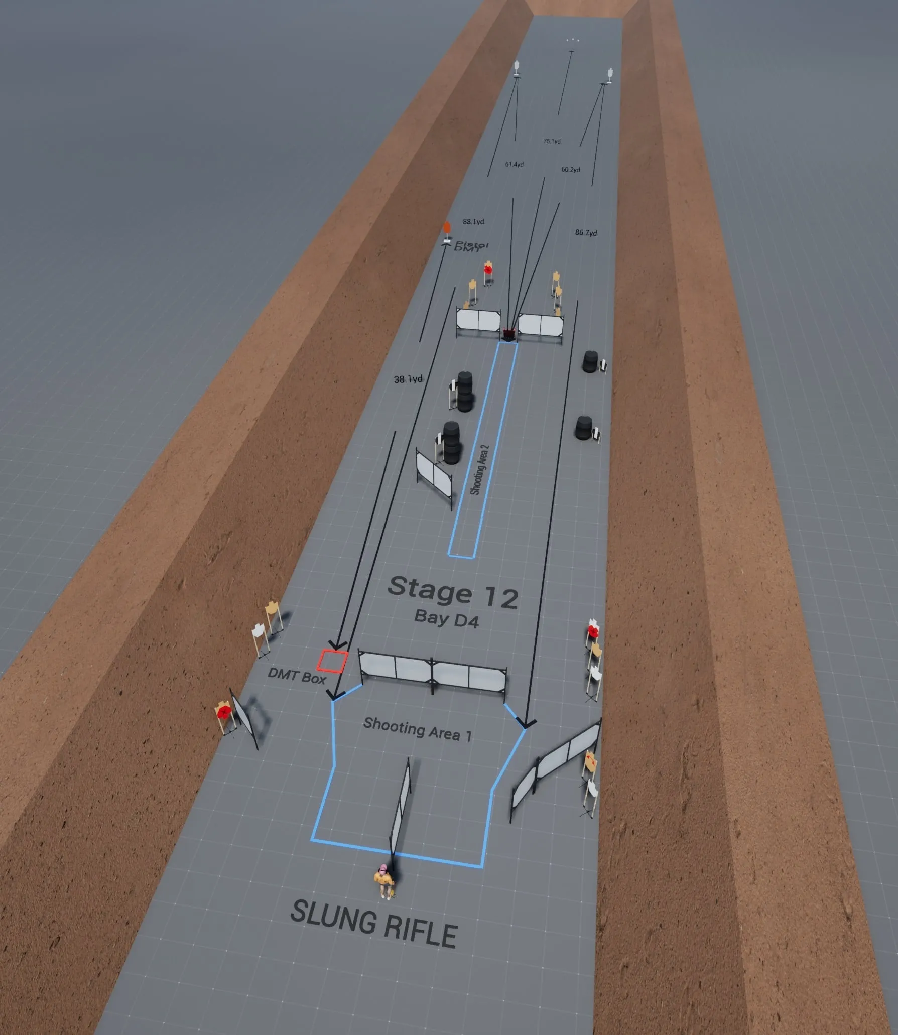 Practisim render of stage 12, Ungahbungah, in bay D4. Marked: DMT Box, Shooting Area 1, Shooting Area 2, SLUNG RIFLE, Pistol DMT.